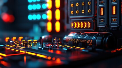 Poster - close-up of a futuristic circuit board with glowing elements and intricate designs, showcasing techn
