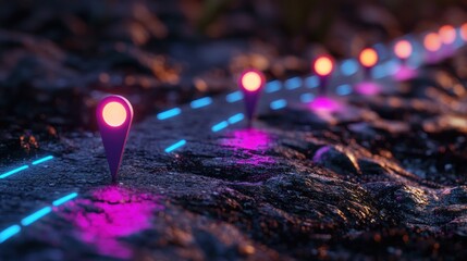 Wall Mural - colorful neon markers illuminate a pathway on a textured surface at dusk, creating an inviting atmos