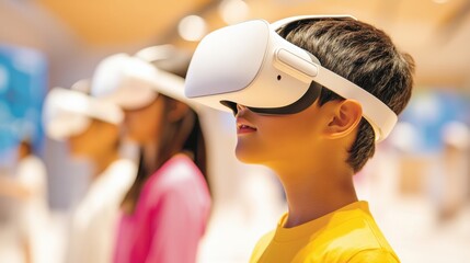 Leinwandbilder - Futuristic VR Tech Experience Local Family with Diverse Backgrounds Engages in Virtual Exploration with Sleek White Headsets - Enhancing Community Learning and Interaction