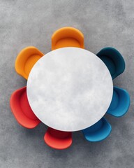 Aufkleber - Interactive Classroom Design Vibrant Circular Seating with Colorful Fabric Chairs on Concrete - Enhancing Collaborative Learning Environments and Flexible Educational Space Solutions