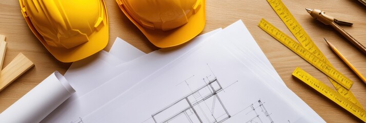Poster - Nordic Minimalist Blueprint Layout on Oak Surface Architectural Planning and Construction Strategy for Innovative Home Design and Renovation Solutions
