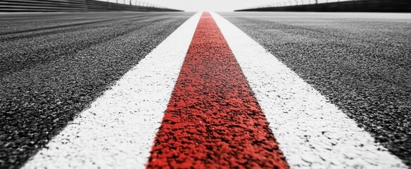 Wall Mural - a close-up view of a racing track with bold red and white stripes on the asphalt surface underneath 