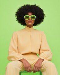 Poster - Retro-Futuristic Fashion Editorial Vibrant Minimalist Attire and Neon Sunglasses for Luxury Eyewear Campaign - Embracing Modern Color Pop Trends in Studio
