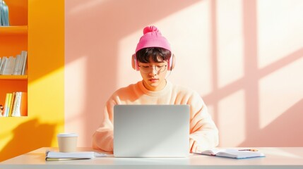 Fototapete - Minimalist Study Hub Korean Teen at Chic Desk with Sleek Laptop and Sustainable Decor - Elevating Remote Learning and Digital Education Spaces