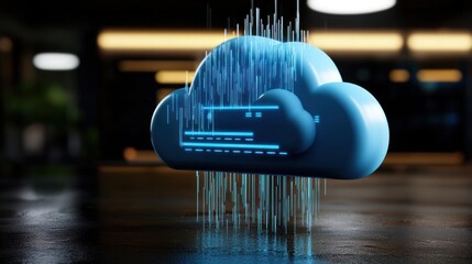 Poster - 3d cloud icon with digital data streams, set in a modern tech-inspired environment