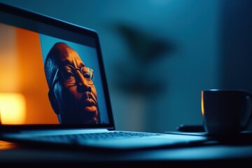 Fototapete - Contemporary Home Learning High-Resolution Laptop with Video Lecture on Warm-Toned Wooden Desk - Digital Education and Remote Work Productivity Enhancement