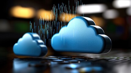 Wall Mural - blue cloud icons represent digital data transfer, set against a blurred tech environment