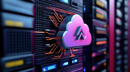 Wall Mural - cloud computing technology visualized with vibrant neon cloud logo on server background