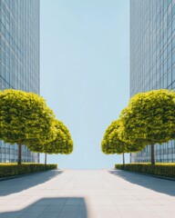 Aufkleber - Green Urban Oasis Glass Skyscraper Landscape with Manicured Pathways - Modern Cityscaping for Sustainable Urban Living and Architectural Promotion