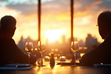 Leinwandbilder - Sunset Business Meeting Vibe Glasses on Sleek Table in Urban Skyline Backdrop - Modern Corporate Networking and Dynamic Decision-Making Content