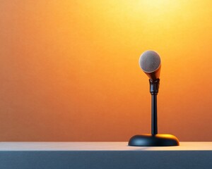Poster - Minimalist Microphone on Sleek Podium Modern Audio Equipment in Professional Presentation Setting - Enhancing Corporate Communication and Leadership Engagement