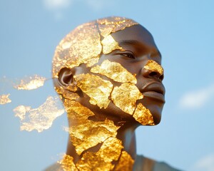 Aufkleber - Kintsugi-Inspired Portrait Golden Seams on Diverse Cultural Figure - Artistic Inclusion and Resilience in Modern Workplace Branding