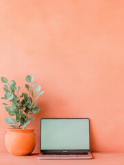 Aufkleber - Terracotta Minimalist Workspace Sleek Laptop with Eucalyptus on Vibrant Clay Background - Modern Home Office Design and Digital Innovation for Remote Productivity