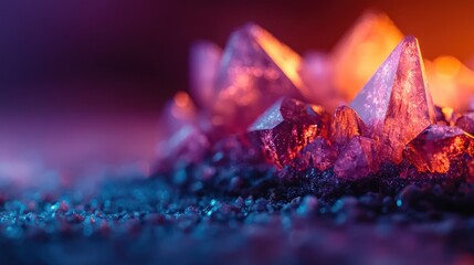 Wall Mural - close-up view of vibrant purple and orange crystals illuminated in a mystical setting
