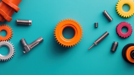 Fototapete - Bold Industrial Chic Precision-Machined Suspension Parts on Teal Backdrop - Advanced Automotive Service Content and Mechanical Innovation for Tech-Savvy Markets