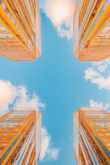 Poster - Vibrant Urban Vertical View Symmetrical Glass Skyscrapers with Blue Sky Backdrop - Modern Cityscape Aesthetic for Real Estate Promotion and Architectural Innovation