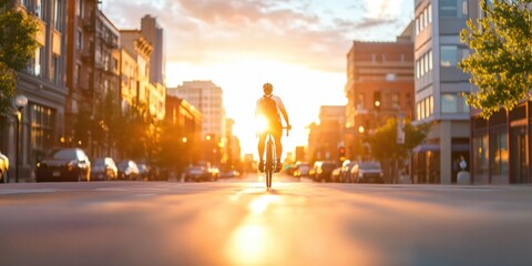 Poster - Urban Cyclist on City Street Dynamic Morning Commute with Messenger Bag - Sustainable Mobility Imagery for Modern Urban Transport Solutions and Eco-Friendly Marketing Initiatives