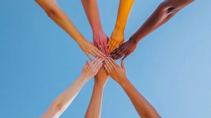 Poster - Diverse Collaboration Multicultural Hands Forming Star Pattern on Minimalist Blue - Inclusive Team Building Visual for Modern Business Communication and Engagement