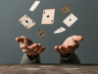 Aufkleber - Dynamic Cardistry Display Magicians Hands with Flying Playing Cards on Wooden Stage - Immersive Entertainment Artistry and Creative Event Merchandising