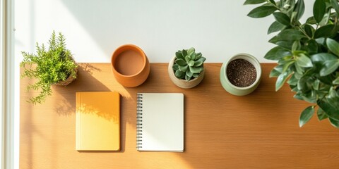 Poster - Natural Workspace Vibes Wooden Desk with Succulents and Notebooks - Enhancing Productivity and Creativity in Eco-Friendly Offices and Modern Home Studios