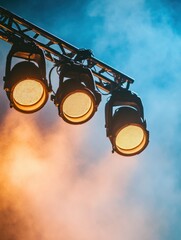 Poster - Dynamic Theatrical Lighting Display LED Stage Lights in Atmospheric Haze - Modern Entertainment Design and Event Ambiance Enhancement for Performance Spaces