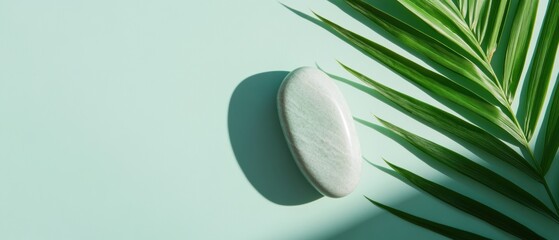 Poster - Modern Wellness Visual Jade Stone on Green Surface with Botanical Elements - Natural Skincare Imagery for Eco-Friendly Beauty Campaigns and Sustainable Health Trends