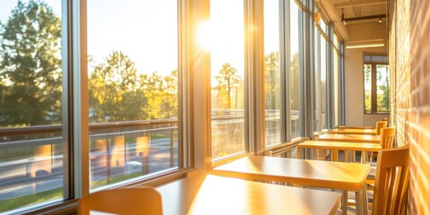 Fototapete - Scandinavian Minimalist Learning Space Sunlit Wooden Desks in Campus Library - Modern Academic Community Design and Inspiring Study Environment for Enhanced Student Engagement