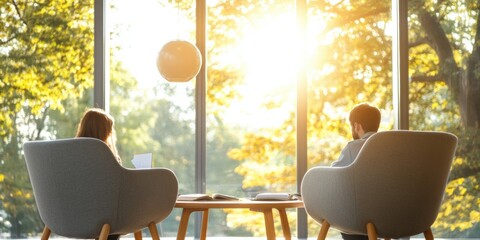 Poster - Mid-Century Modern Library Setting Plush Seating and Natural Light for Collaborative Student Engagement - Optimized Academic Spaces and Peer Learning Environments