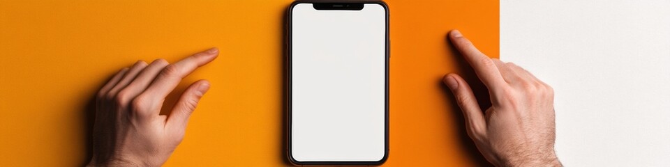Aufkleber - Minimalist Smartphone Display Floating Modern Device on Bold Bi-tone Background with Hands Tech Marketing and Digital Service Promotion for Mobile Innovation