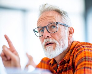 Aufkleber - Modern Senior Entrepreneurship Smart Casual Senior in Vibrant Cafe Consultation - Business Growth and Networking with Warm Natural Light for Startup Success