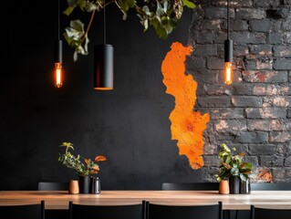 Rustic-Chic Dining Ambiance Wooden Tables and Exposed Brick in Industrial Restaurant Setting - Enhancing Hospitality Atmosphere with Trendy Pendant Lighting and Organic Aesthetics