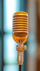 Leinwandbilder - Retro Microphone Display Vintage Gold Microphone in Modern Studio Setting with Acoustic Panels - Premium Audio Production and Broadcasting Content for Visual and Marketing Endeavors