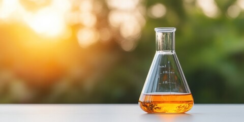 Aufkleber - Nature-Inspired Scientific Workspace Sunlit Glass Beaker with Golden Liquid on Minimalist Surface Advancing Eco-Friendly Research and Green Chemistry Solutions