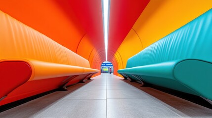 Poster - Colorful Urban Transit Lounge Vibrant Seating and Glass Roof at Modern Bus Station - Enhancing Public Mobility and Infrastructure Aesthetics