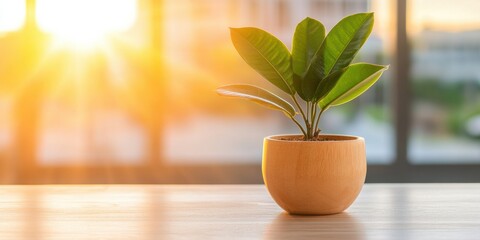 Canvas Print - Sunlit Biophilic Workspace Potted Plant on Sleek Wooden Desk for Eco-Friendly Corporate Settings - Enhance Team Productivity and Modern Office Aesthetics