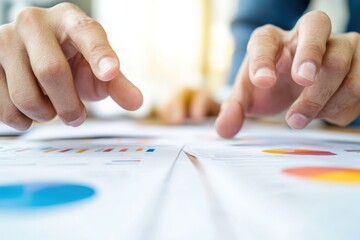 Poster - Dynamic Corporate Strategy Visualization Diverse Hands Engaging with Analytical Documents on Sleek Conference Table - Business Innovation and Team Collaboration for Decision-Making Efficiency