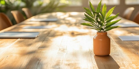 Poster - Scandinavian Workspace Harmony Ceramic Plant on Sunlit Oak Table - Elevating Professional Ambiance and Green Productivity in Modern Office Environments