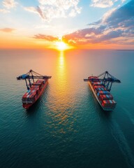 Poster - Golden Hour Maritime Ops Silhouetted Gantry Cranes and Container Vessels at Sunset Enhancing Global Shipping with Efficient Terminal Infrastructure and Boosted Trade Logistics