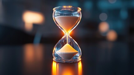 Wall Mural - close-up of a glowing hourglass on a dark table, symbolizing the passage of time in a serene setting