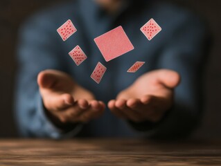 Fototapete - Dynamic Illusion Mastery Gloved Magician Levitating Cards in Motion Capture - Entertainment Content and Magical Skill Showcase for Creative Stage Productions