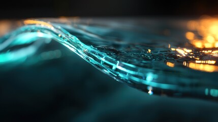 Poster - close-up of a shimmering water surface with dynamic wave patterns reflecting warm light