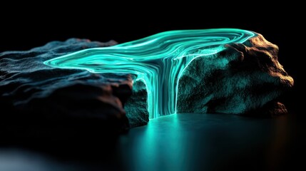 Poster - ethereal glowing water flowing over a rocky surface in a dark environment, creating a surreal effect