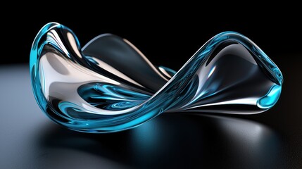 Poster - abstract glass sculpture with flowing curves and blue accents on a dark reflective surface