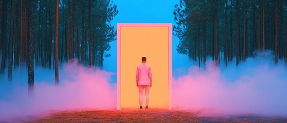Aufkleber - Neo-Futuristic Forest Portal Illuminated Pathway through Misty Pines with Fog - Innovative Visual Content for Immersive Digital Campaigns and Experiential Marketing