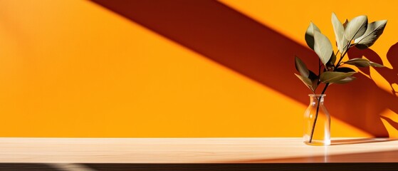 Poster - Scandinavian Minimalist Workspace Sleek Glass Vase on Wooden Desk with Vibrant Orange Wall - Contemporary Design for Creative Offices and Visual Marketing Impact