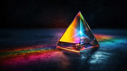Wall Mural - a crystal prism refracting light into a vibrant rainbow spectrum on a dark surface