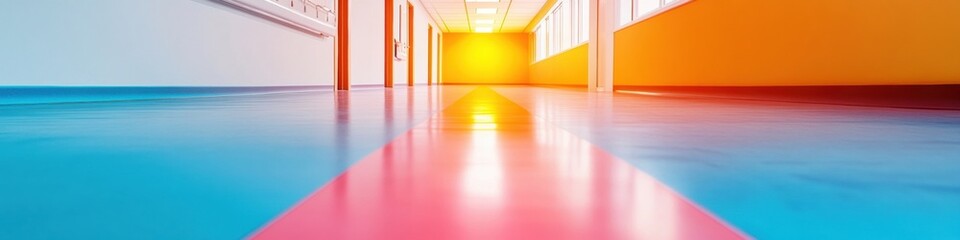Aufkleber - Vibrant Healthcare Corridor Design Colorful Vinyl Flooring in Hospital Hallway for Energetic Healing Ambiance and Modern Medical Facility Branding