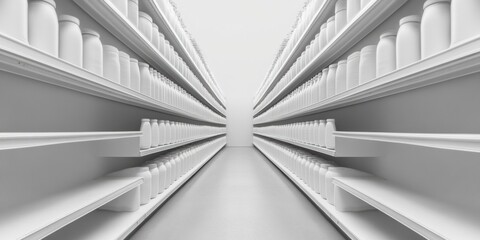 Leinwandbilder - Minimalist Retail Shelving Sleek White Storage Jars on Crisp Shelves - Efficient Inventory Display for Modern Retail Spaces and Streamlined Stock Management