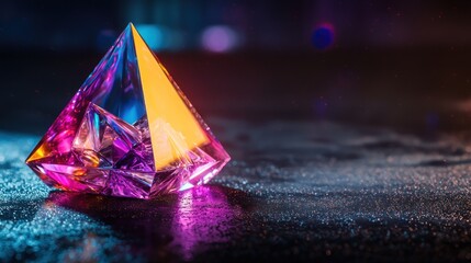Wall Mural - colorful crystal pyramid reflecting light on a dark surface with a blurred background ambiance