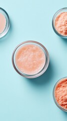 Poster - Pastel Skincare Ingredient Display Glass Bowls with Textured Exfoliants on Aqua Background - Aesthetic Product Content and Innovative Beauty Merchandising